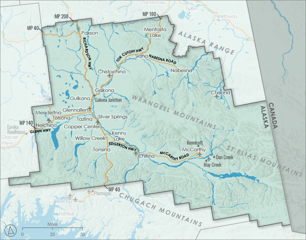 A map featuring the communities, airports, and highways of the Copper River Valley Census Area in Alaska.