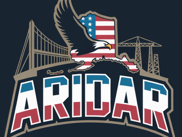 ARIDAR logo with red, white, and blue color scheme and eagle flying over an outline of Alaska, a bridge, and power transmission towers
